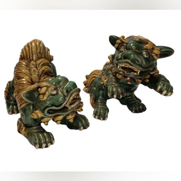 Chinese Foo Dogs, Pair, Green and brown, Unique, Rare - Picture 1 of 12